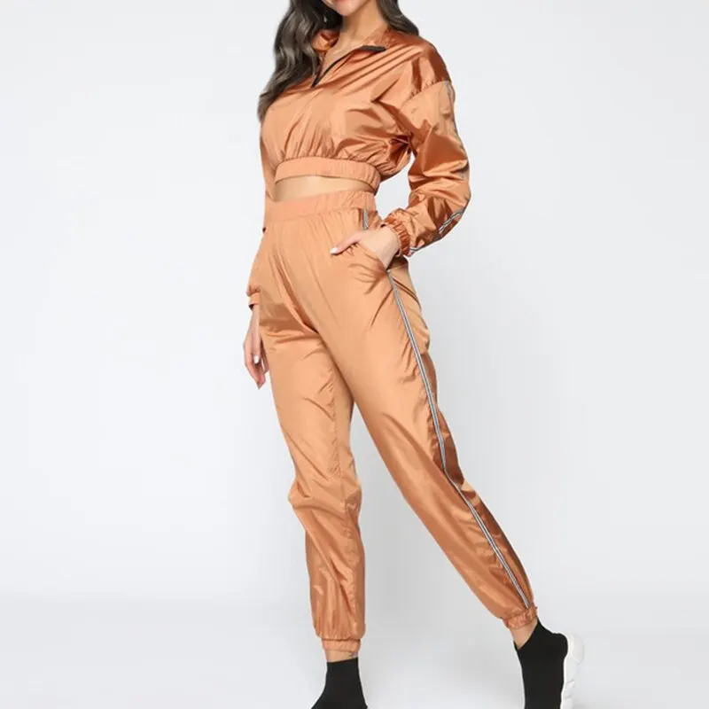 champagne SFIT Женский комплект из 2 предметов, укороченный жакет и джоггеры, спортивные костюмы, Повседневная Толстовка, спортивный костюм со спортивными брюками, одноцветные спортивные костюмы на молнии - Цвет: champagne