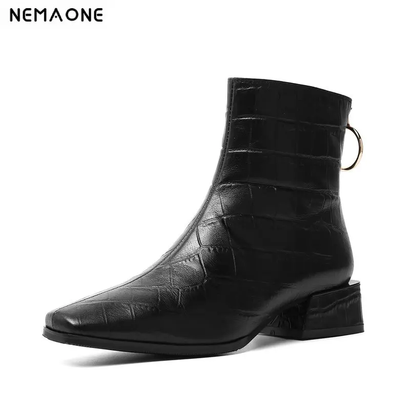 

NEMAONE Ankle Boots Women Genuine Leather Ladies Shoes Woman square Toe Office New Female Party Shoes size 34-43