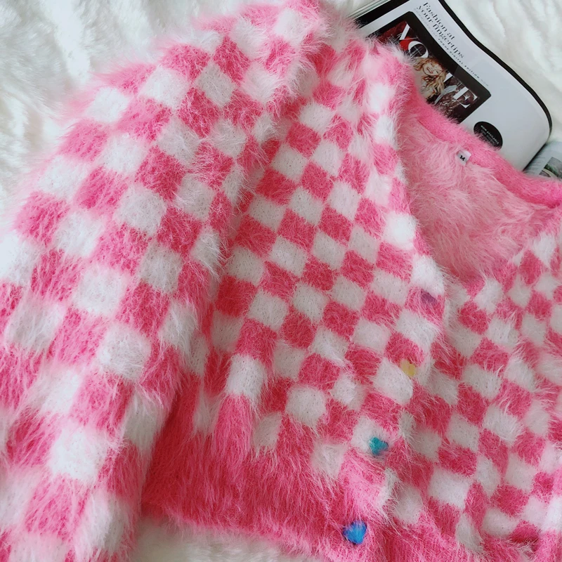 Cute Kawaii Girls Pink Plaid Cropped Cardigan Coat Women Autumn Winter Knitted Sweater Jacket Harajuku High Street Cardigan