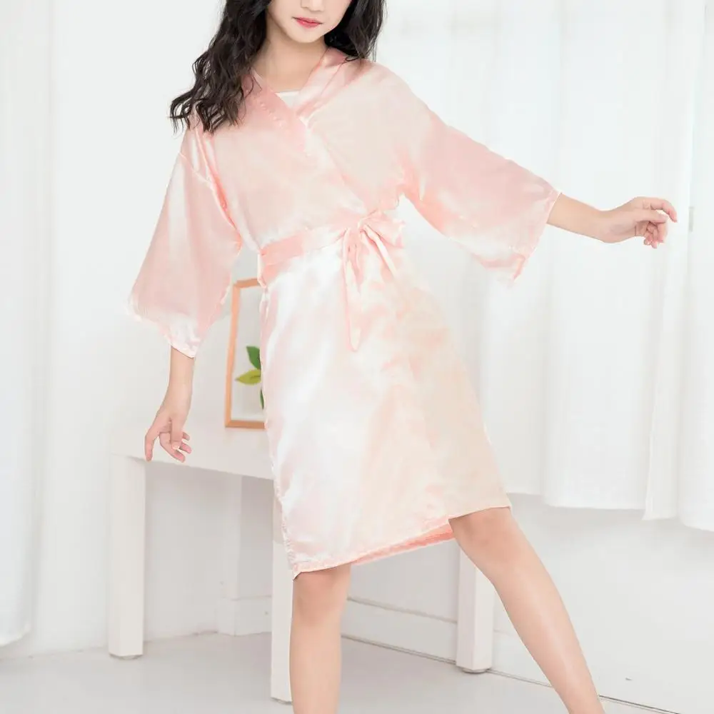 Пижамный комплект для детей одежда для малышей для девочек короткий рукав Твердые Шелковый атласное кимоно; наряд халат, одежда для сна пижамы для детей - Цвет: Beige