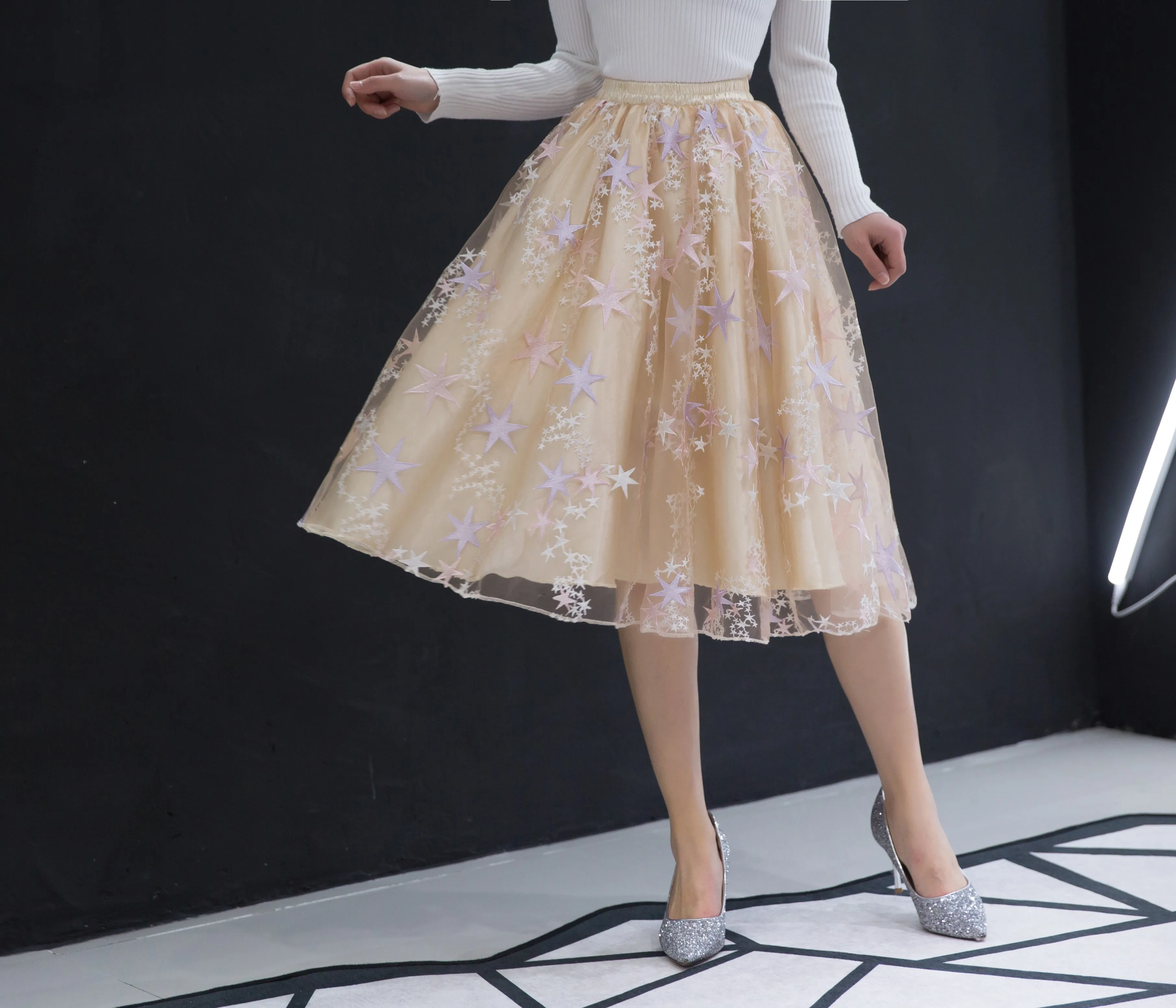 Unique Champagne Star Pattern Petticoat Knee Length High Quality Soft Skirt