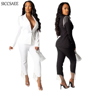 

Womens Two Piece Set 2019 Blazer And Pants Matching Sets Work Wear Office Lady Tassels Outfits Formal Elegant Fringe Clothing