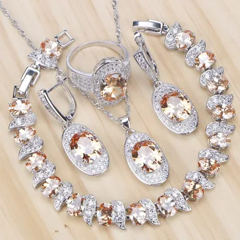 

Wedding Champagne Cubic Zirconia Bridal Jewelry Sets Women Silver 925 Jewelry With Stone Earrings Bracelet Ring Necklace Set