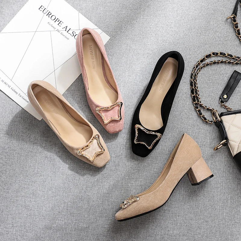 

Winter New 5cm Square High Heels Shoes Woman Solid Slip-Ons Metal Buckle Pumps Plus Size High Qualiy Office Career Party Shoes