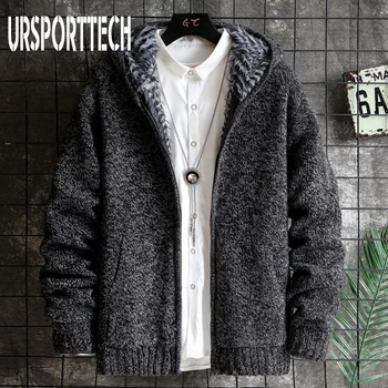 

URSPORTTECH Sweatercoat Men 2018 New Casual Warm Cardigan Sweater Men Outwear Thick Hooded Knitwear Jacket Man Knitting Sweaters