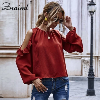

Women Sexy Off Shoulder Hallow Out Blouse Shirts Autumn O-Neck Solid Pullover Crop Tops Casual Loose Long Sleeve Rufflers Blusas