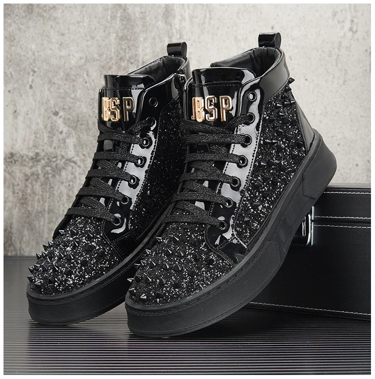 Fashion Luxury High Top For Men Trainers Spiked Gold Leopard