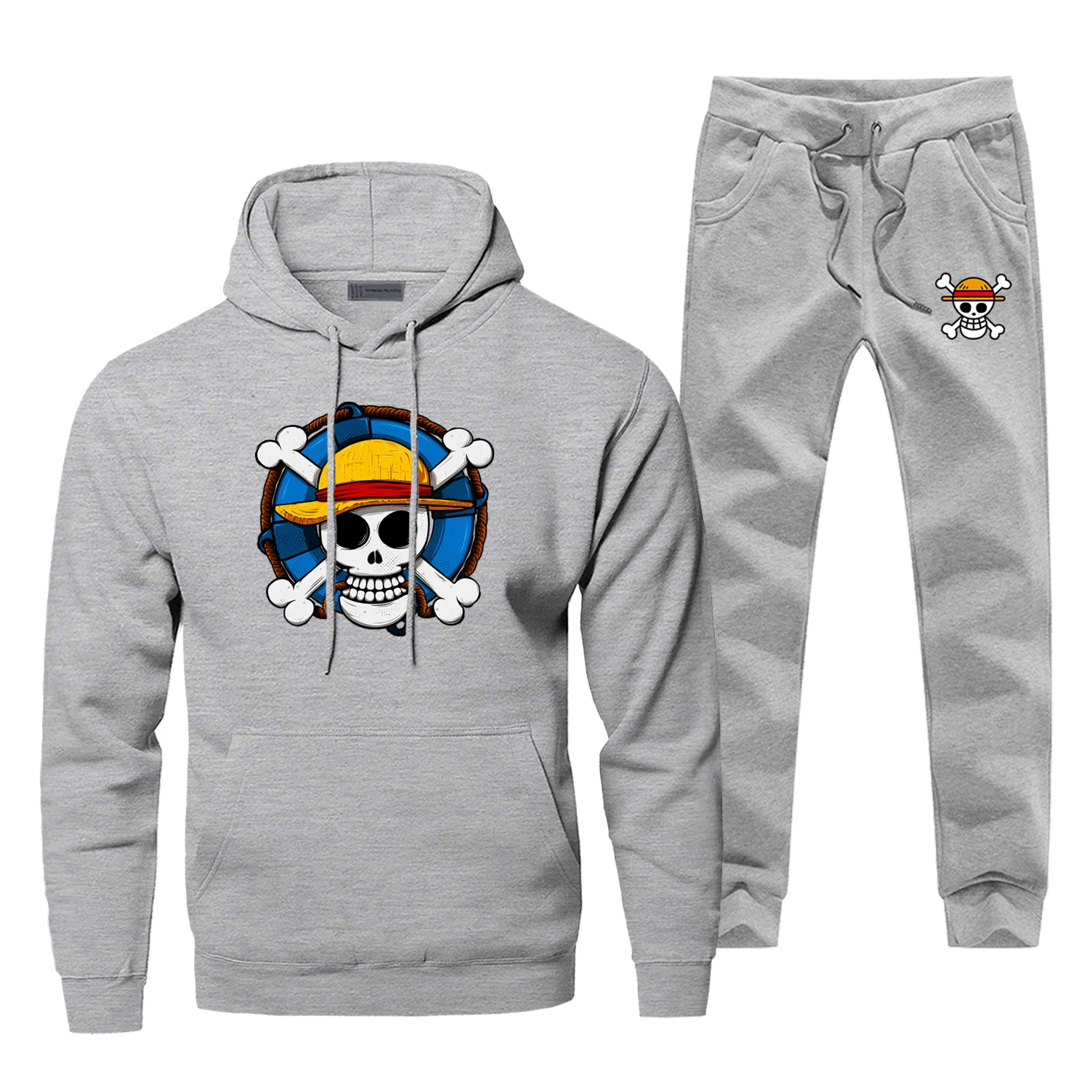One piece Monkey D Luffy модные комплекты из 2 предметов повседневные толстовки с капюшоном в стиле японского аниме Harajuku зимние теплые спортивные штаны Новое термо нижнее белье - Color: Gray