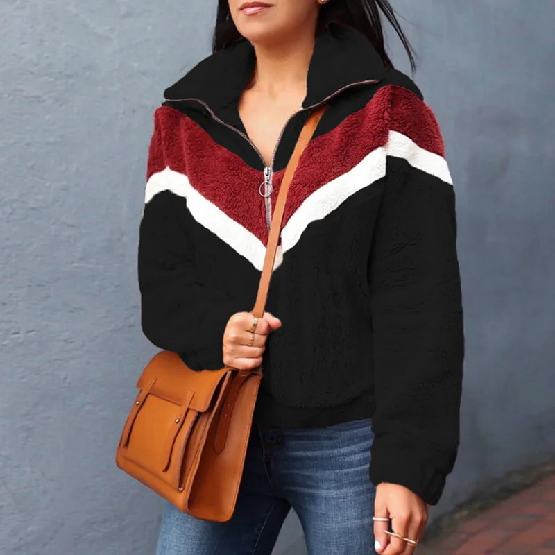Женские зимние теплые топы, женские 1/4, на молнии, шерпа, вязаный свитер, Пушистый Плюшевый флис, на молнии, пуловер, верхняя одежда, пальто с карманами