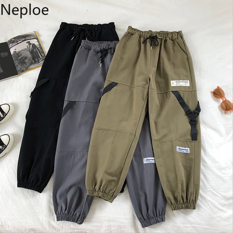 Neploe/шаровары-карго с аппликацией в виде букв; бандажные женские брюки в Корейском стиле со шнуровкой и высокой талией в стиле сафари; брюки длиной до щиколотки; 55538