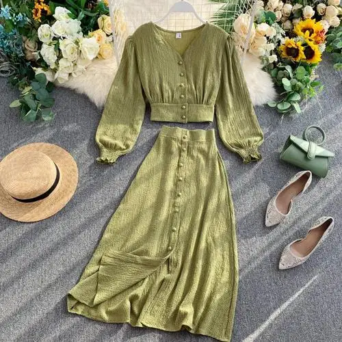 Модный женский комплект Женский однотонный простой однобортный короткий пиджак юбка костюм из двух предметов - Цвет: Зеленый