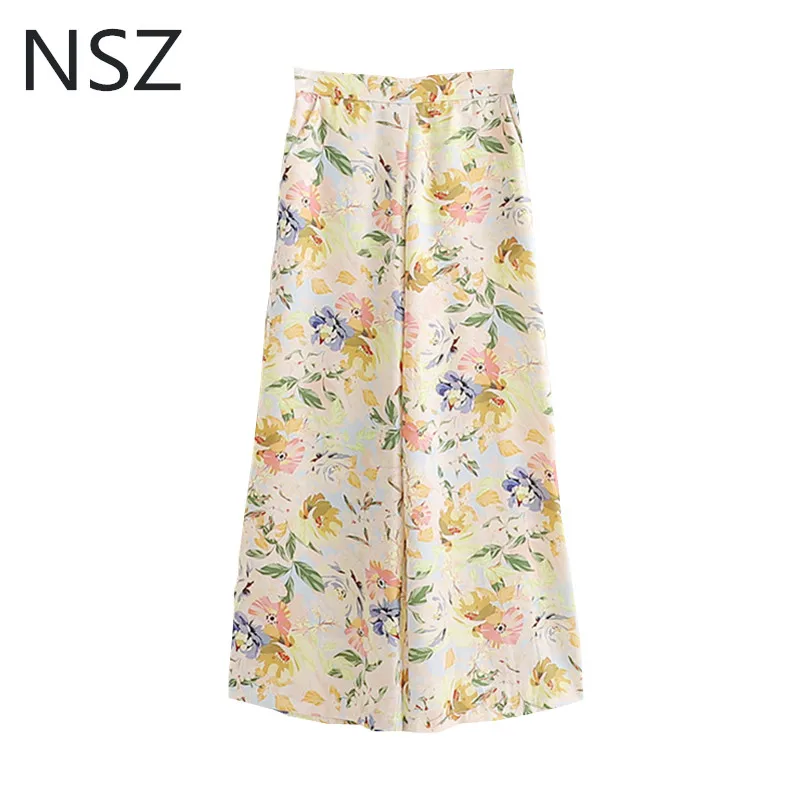 

NSZ Women Floral Prints Satin Wide Leg Pants Summer Loose Casual High Waist Summer Pants Long Trousers