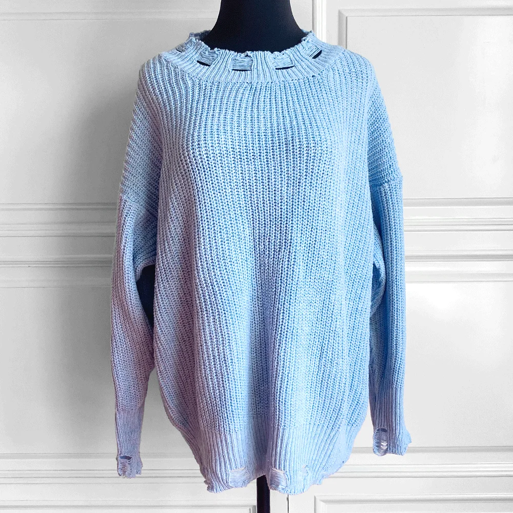 

Autumn And Winter New Products Ripped Raw Edges Lazy Soft Milk Blue Sweater Loose Irregular Mid-Length Base