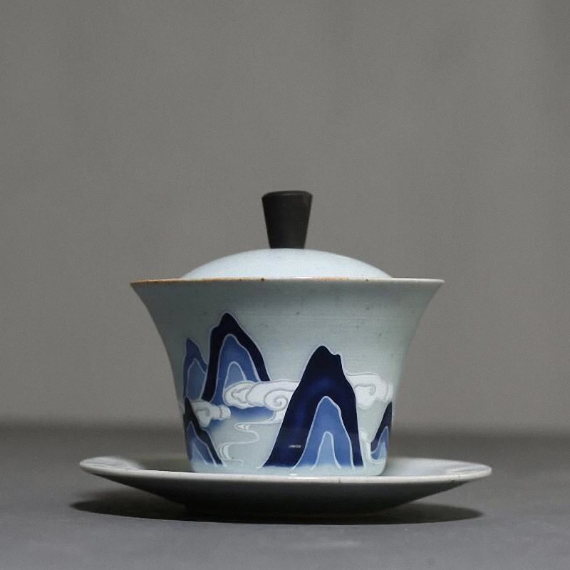 

PINNY 160ml Retro Vintage Mountains Gaiwan Traditional Chinese Ceramic Tea Bowl Kung Fu Tea Tureen Chinaware