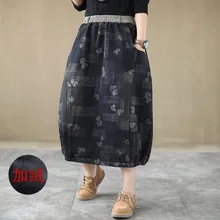 Плюс бархат деним зима литературный эластичный пояс печать белая джинсовая юбка Свободная Повседневная дикая юбка