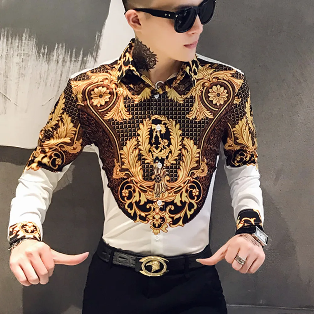 Goede Luxe Gold Print Shirt Mannen Royal Retro Lange Mouwen Party Nachtclub Smoking Shirts Casual Slim Fit Streetwear Blouse Homme