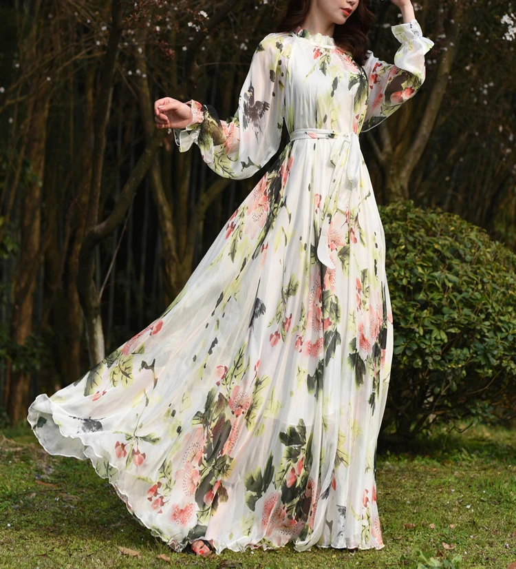 Floral Printed Maxi Dress Women's Sundress 2023  Abaya Dubai Hijab Chiffon Muslim Dresses New African Turkey Islam Kaftan Robe