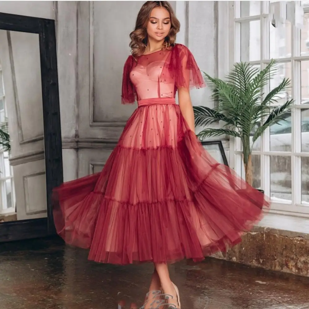 

Evening Dress Short Burgundy 2021 A-Line Sexy Ankle length Batwing Sleeve Pleat Tulle Custom Made Formal Party Gowns Brilliant