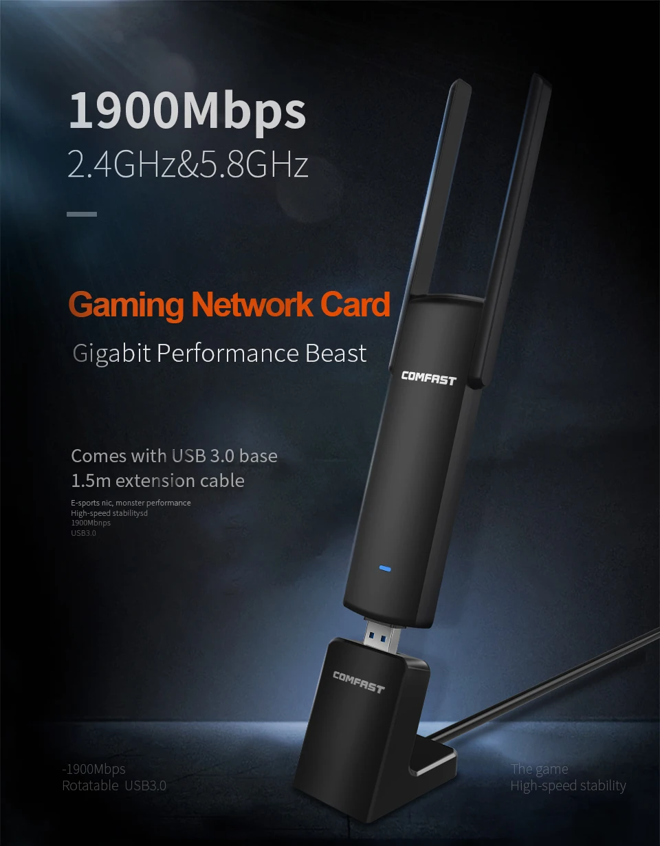 AC1900 беспроводной гигабитный игровой сетевой адаптер WiFi USB 3,0 1900 Мбит/с двухдиапазонный 2,4G/5,8G 2* 4dBi антенны для Windows 7 8 10