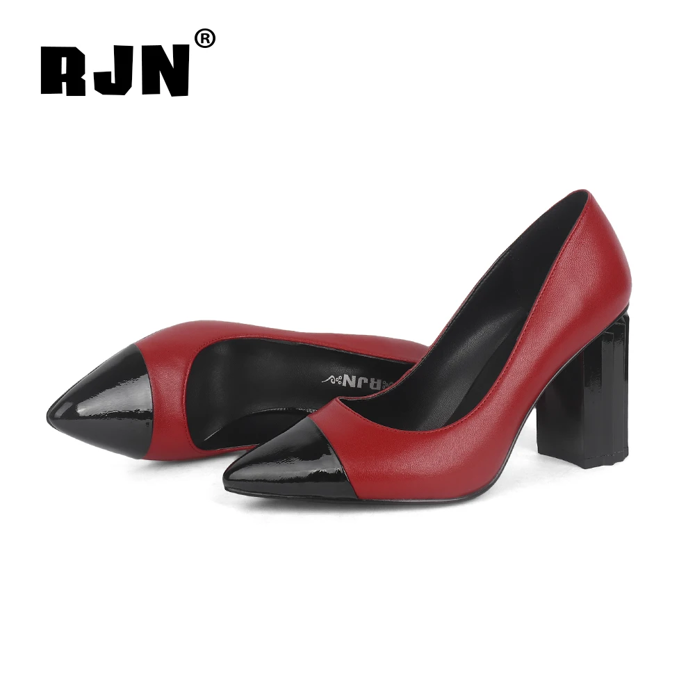 RJN Sexy Pointed Toe Pumps Stylish Mixed Color Strange Style Super High Square Heel Sheepskin Slip-On Shallow Well Shoes R01