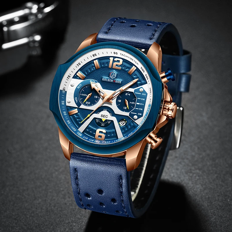 Mens Watches Top Brand Luxury Blue Quartz Men Watch Leather Chronograph Big Sport Wrist Watch Man-2