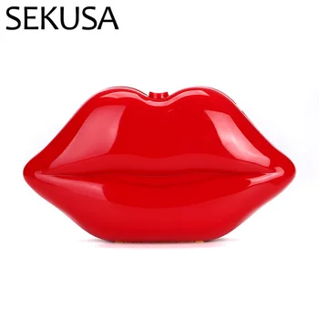 

SEKUSA LIP red design women evening bags plastic dress day clutch with chain party dinner cocktail purse bags