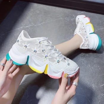 

Korean Shoes Round Toe Tennis Female Crystal Clogs Platform Casual Sneaker Women 2020 New Breathable Cross Rhinestone Summer
