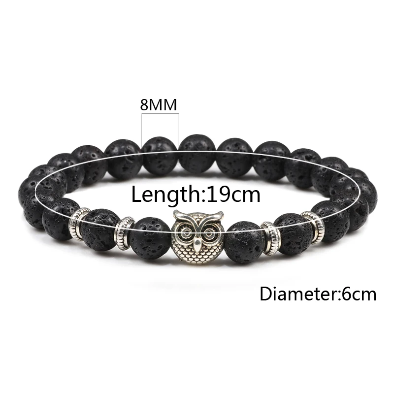Natural Stone Bracelet Black Lava Tiger Eye Weathered Stone Bracelets Bangles Classic Owl Beaded Charm for Women and Men Yoga Jewelry