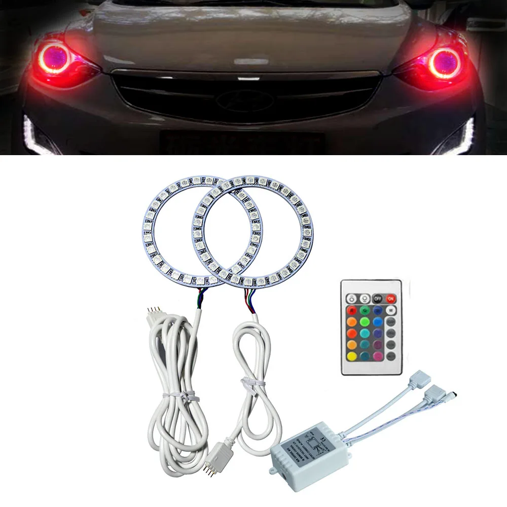 

2pcs 80mm LED angel eye halo 5050RGB multicolor 24 key wireless remote control devil eye headlight decorative light ring