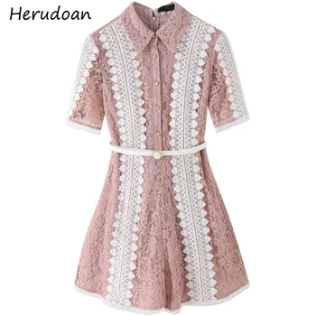 

Herudoan Fashion Runway Office Ladies Casual Jumpsuit Women Short sleeve Lace Patchwork Hollow Out Summer Slim Short Jumpsuit