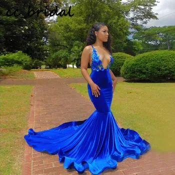 

Royal Blue African Prom Dresses Long 2020 Elegant Mermaid Evening Party Gowns For Women Spandex Plus Size rochii robe de soiree
