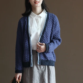 

2020 Autumn Women Vintage Sweater Cardigans Casual Patchwork Cute Knit Ponchoes Single Breated Sweater Jacket Knit Coat jumper