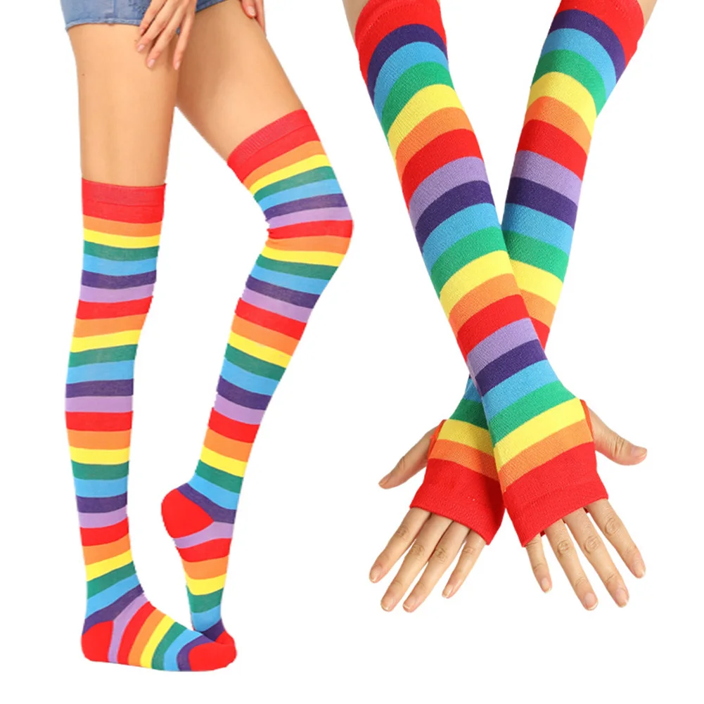 Fashion Slim Striped Women Stockings Set Party Anti Slip Long Gloves Elastic Over Knee Casual Cosplay Cotton Blend Rainbow Soft