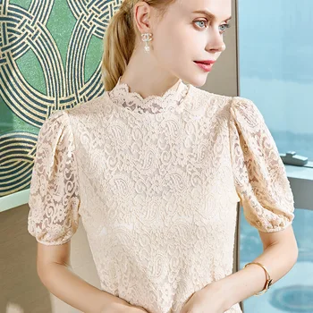 

American Style Women Summer High Street Fashion Short SLeeve Sexy Hollow Out Lace Blouses Shirt Female Casual Loose Blusa Shirt