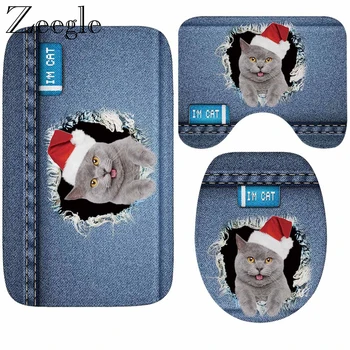 

Zeegle Bath Mat Set Non-slip Shower Mat Toilet Rug Absorbent Foot Mat Kitchen Carpet 3D Cat Printed Washable Bathroom Carpet Set
