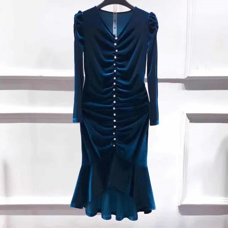 dark blue Бархатное платье, Осенние вечерние платья русалки, женское асимметричное платье с v-образным вырезом и пуговицами, с длинным рукавом, цвета красного вина, темно-синего цвета - Цвет: dark blue