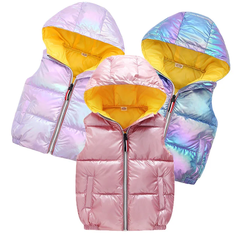 Children Waistcoat Outerwear New Winter Sleeveless Coats Kids Clothes Warm Hooded Cotton Vest Baby Boys Girls Shiny Down Vest