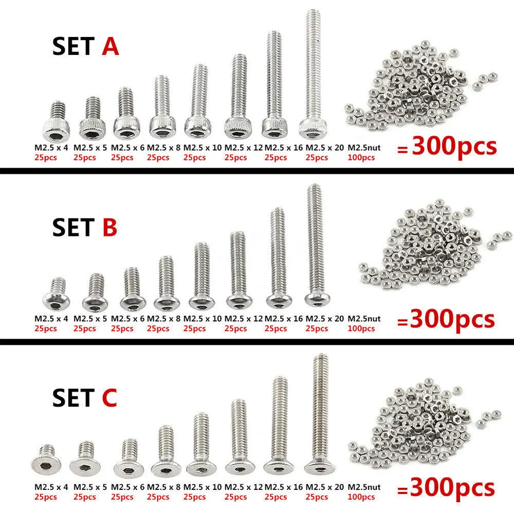Parafusos de Parafuso com Encanta Porcas Sortimento Ferramentas Aço Inoxidável 300 Peças M2.5 2.5 mm