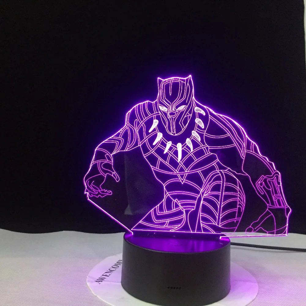 Черная пантера герой комиксов Marvel светодиодный 3d-ночник RGBw 7 цветов Настольная лампа для детей мальчик крутой подарок Рождественский домашний декор