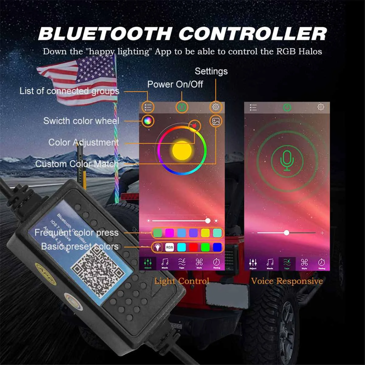 3 фута многоцветный RGB Водонепроницаемый сгибаемый беспроводной bluetooth контроль Супер яркий светодиодный светильник с флагштоком DC12V с американским флагом
