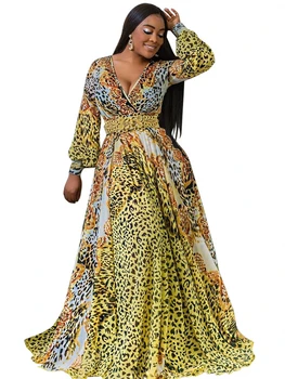 

African Dresses For Women Fashion Print Maxi Dress Deep-V Fashion Robe Vintage Autumn Female African Elegant Party Long Dresses