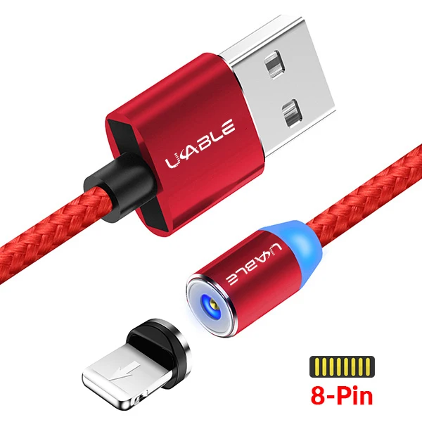 Red 8 Pin 1 м Магнитный кабель Micro USB с нейлоновой оплеткой светодиодный кабель для быстрой зарядки type-C для iPhone 7 8 X XS 11 samsung S8 9 Android Mobile - Цвет: Red 8 Pin