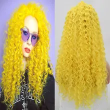 Bombshell синтетический 13*3 дюймов парик на кружеве ярко-желтый цвет курчавый кудрявый жаропрочных волокон волос свободный пробор для женщин