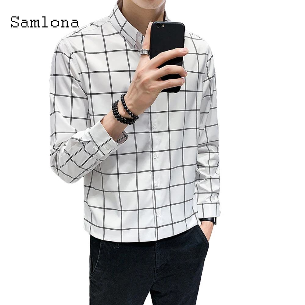 

Samlona Casual Shirt Mens Summer New Plaid Shirts Long Sleeve Tops Blouse Korean Style Men Single Breasted Shirt Men Clothing