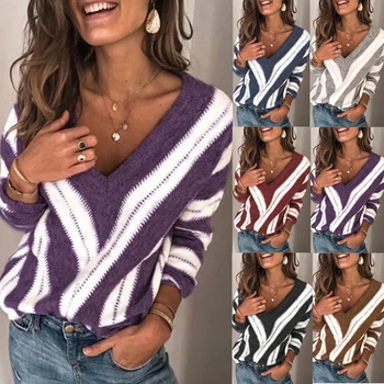 

Womens Striped Sweater 2020 Spring Fashion V Neck Long Sleeve Sweater Loose Knitted Striped Sleeve Pullover Sexy Jumper Tops