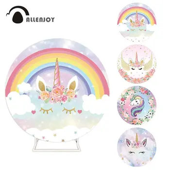 

Allenjoy Unicorn Round Backdrops Rainbow Pastel Flowers Cloud Baby Shower Birthday Party Celebrate Wallpapers Photocall Banner