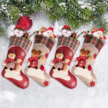 

Christmas Stockings 4 Pack,Reindeer Snowman Xmas Stockings,Fireplace Hanging Stockings for Christmas Decoration