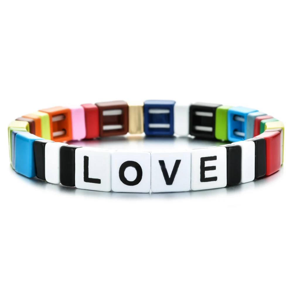 ZMZY Love Mama Bohemian Handmade Rainbow Bracelet Women Elastic Stretch Stack Cuff Square Tile Beads Enamel Bracelet Jewelry - Image 3