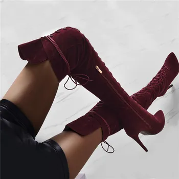 

Suede Cross-tied Woman Long Boots Fashion New Pointed Toe Thin High Over the Knee Gladiator Boots Ladies Sexy Large Size Shoes