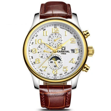 Brown Gold White Карнавал мужские многофункциональные автоматические механические часы мужские топ брендовые Роскошные деловые часы мужские часы с фазами наручные часы - Цвет: Brown Gold White